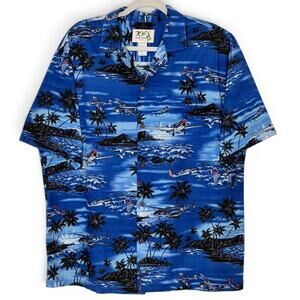 Vintage WWII Fighter Plane Hawaiian Shirt XL Blue Pearl Harbor Aloha KY's Y2K